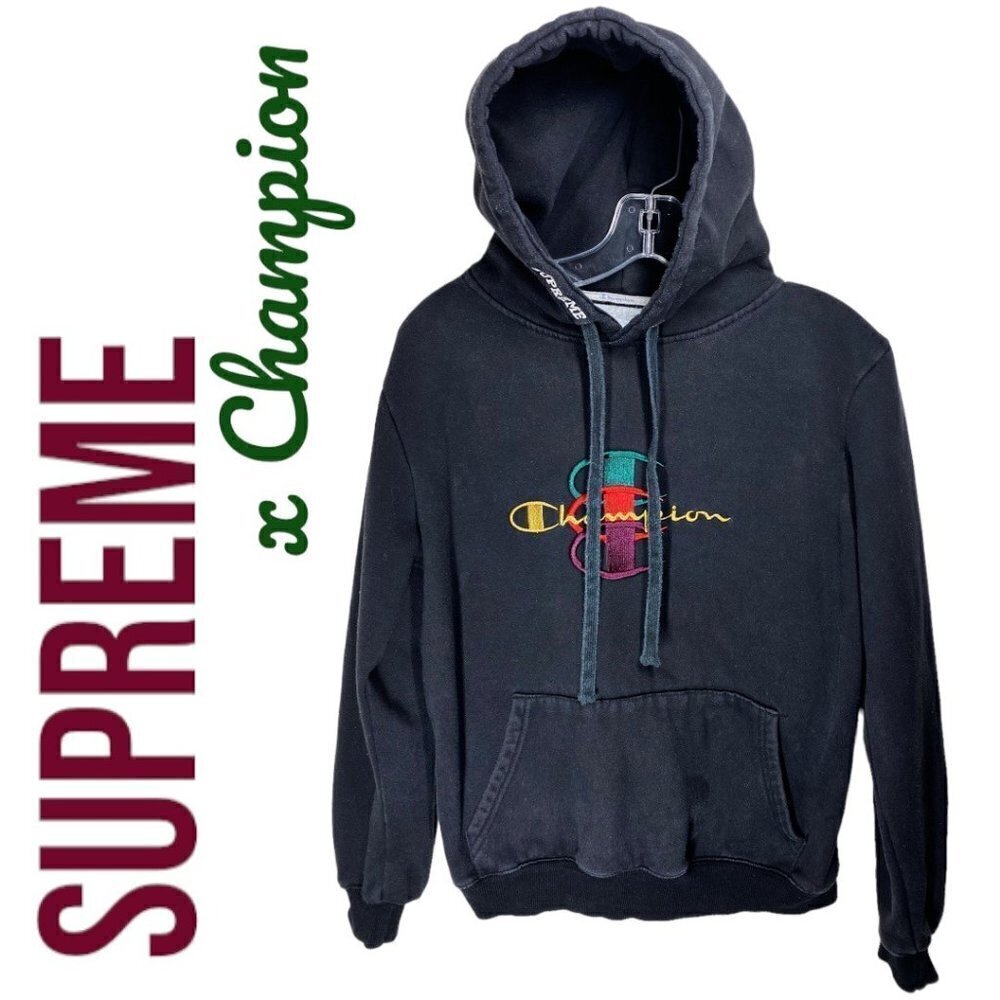 SUPREME x CHAMPION Collab Stacked C‎ Hoodie Black, Large